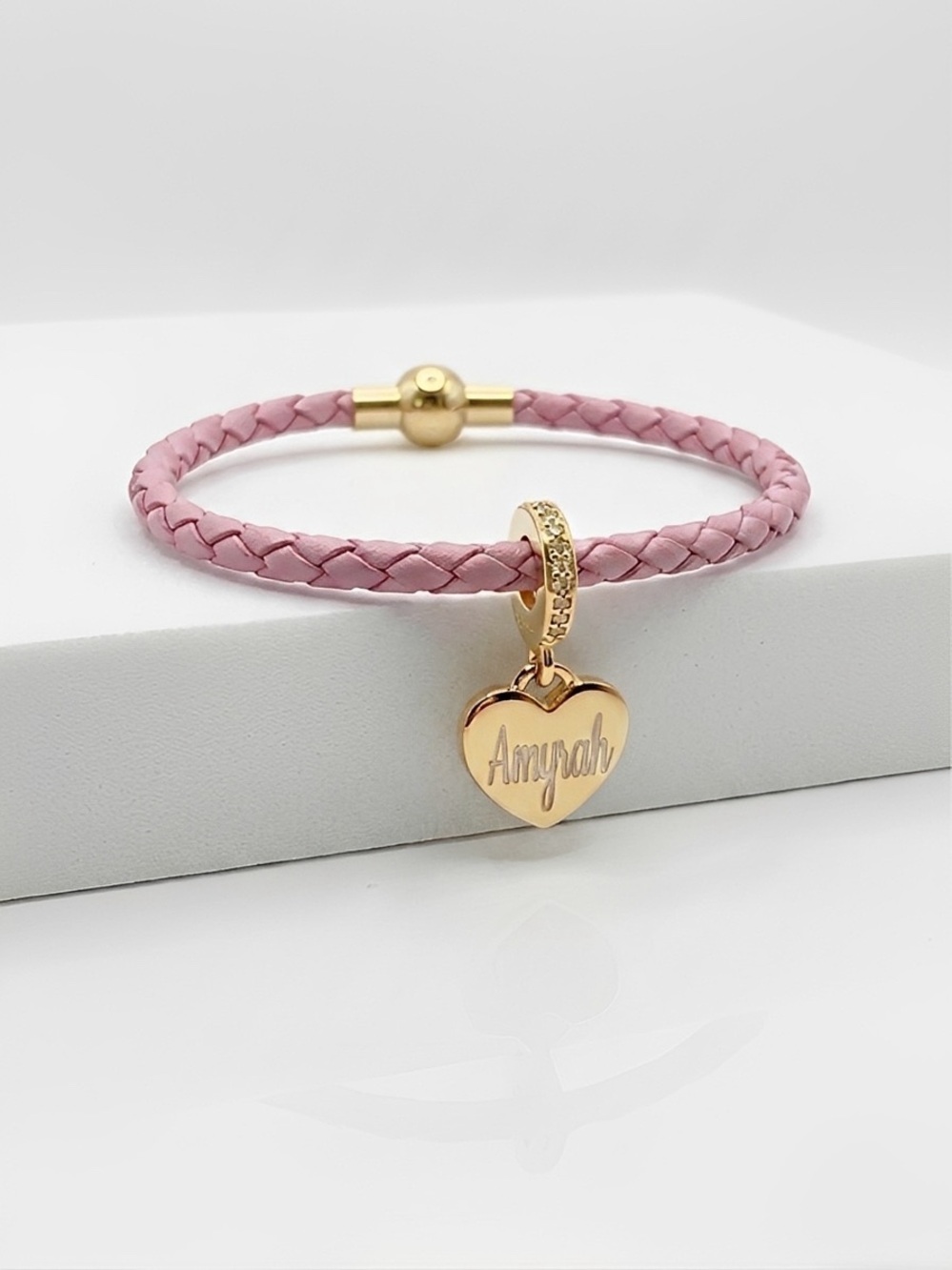 Linx Pink Braided Leather Bolo Cord Charm Bracelet & Personalized Heart Charm